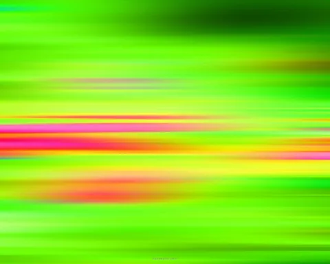 Abstraktes Bild aus horizontalen, bewegungsunscharf verwischten Streifen in Grün, Gelb, Pink und Orange, oben rechts ein dunklerer grüner Bereich.
