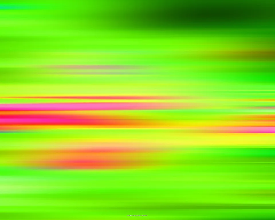 Abstraktes Bild aus horizontalen, bewegungsunscharf verwischten Streifen in Grün, Gelb, Pink und Orange, oben rechts ein dunklerer grüner Bereich.