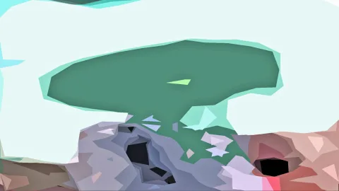 Abstrakte Low-Poly-Grafik: eine große grüne Fläche mit hellem Rand auf weißem Grund, darunter graue und rosafarbene Felsformen mit dunklen Öffnungen.