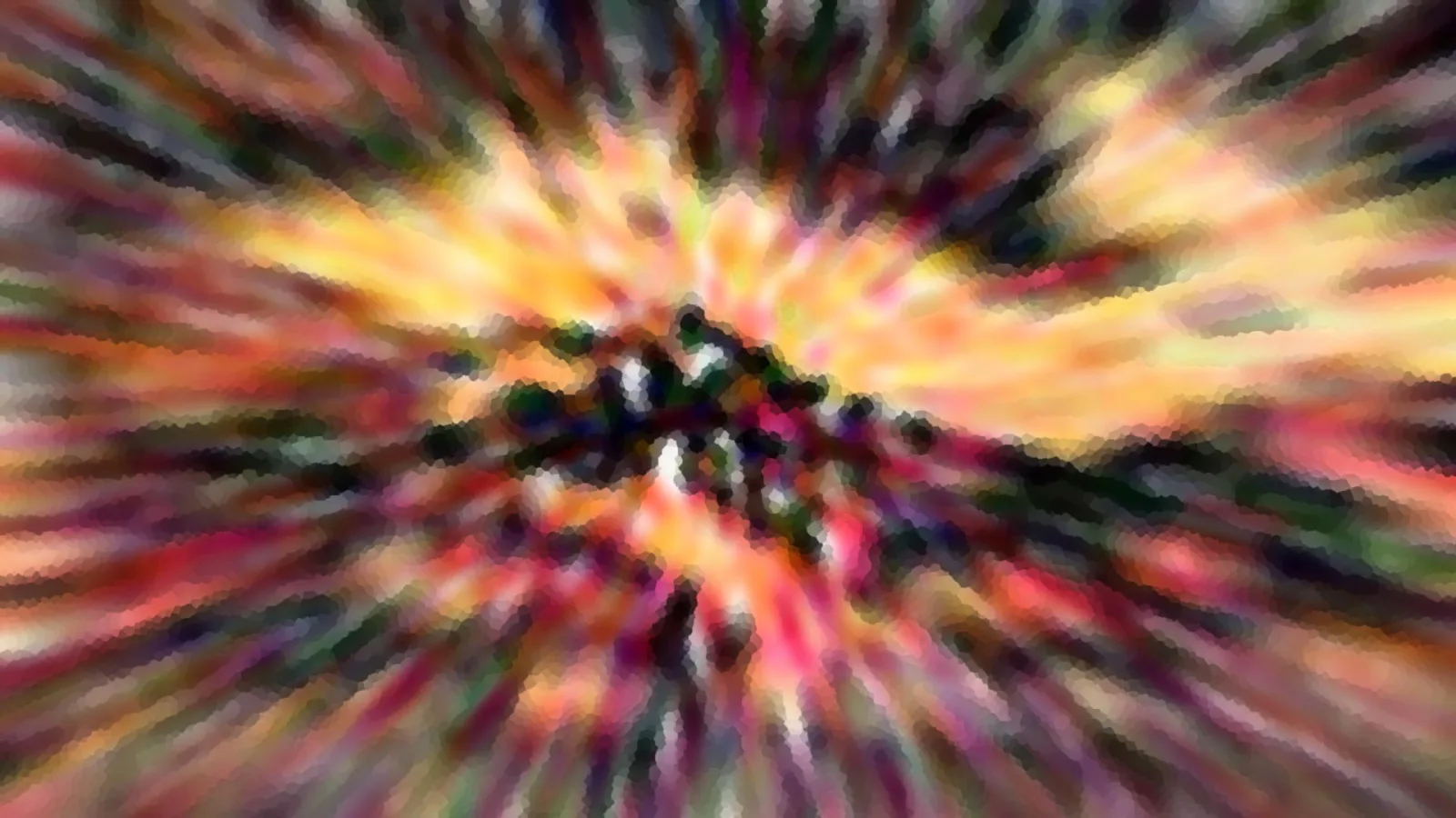 Abstrakte, radial verwischte Komposition in Gelb, Orange, Pink und Dunkelgrün mit einem dunklen, punktartigen Zentrum.