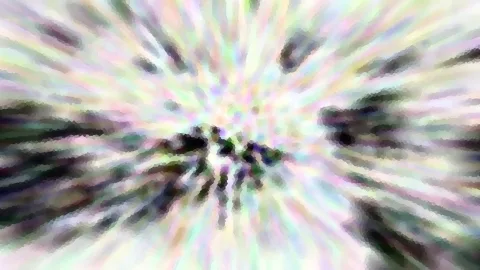 Abstrakte Komposition aus radial nach außen laufenden, pastellfarbenen Schlieren mit dunklen Flecken um einen hellen Mittelpunkt.