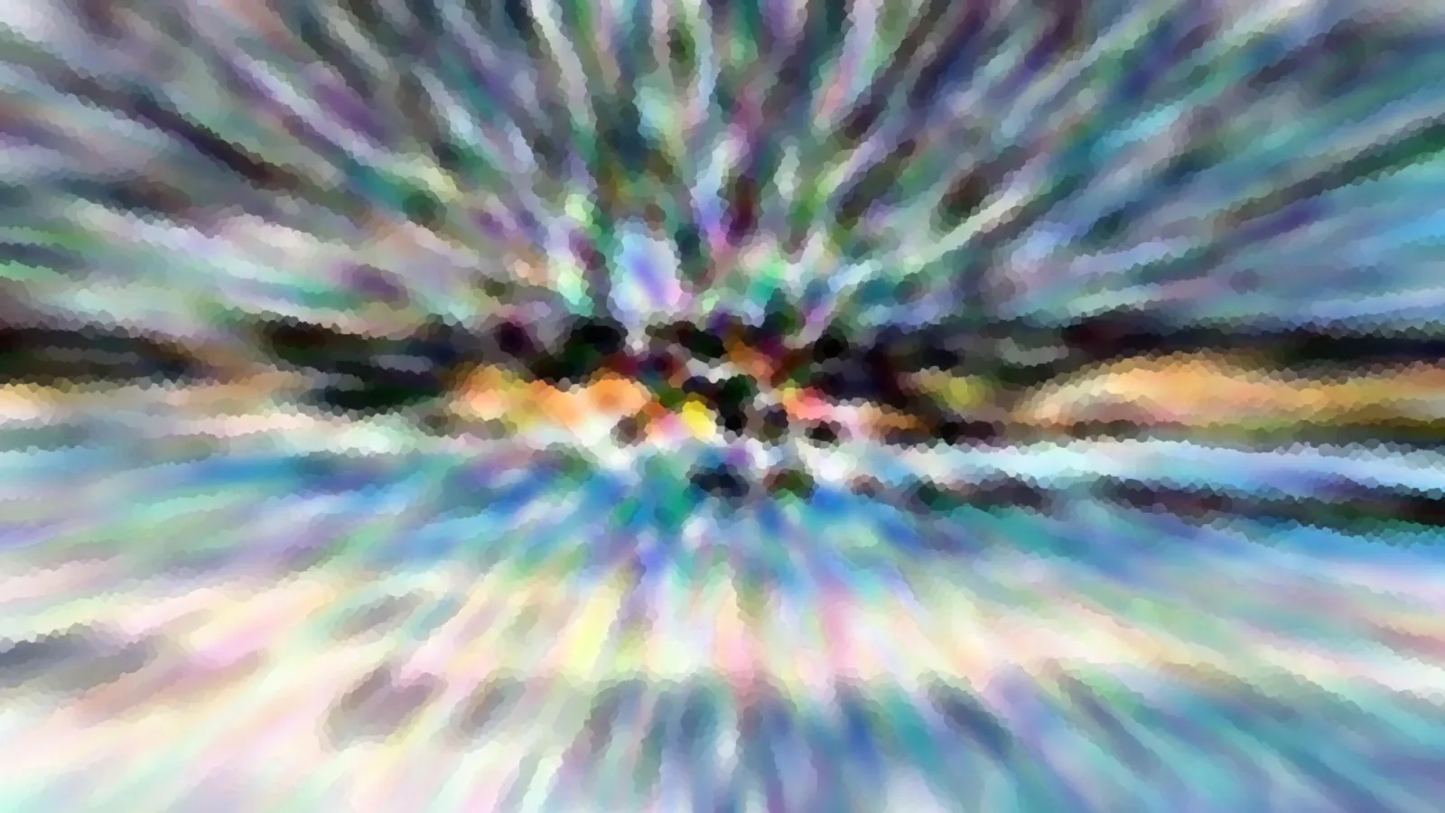 Abstrakte Komposition mit radial nach außen laufenden Schlieren in Pastellfarben, in der Mitte ein dunkler Streifen mit orangefarbenen Akzenten.