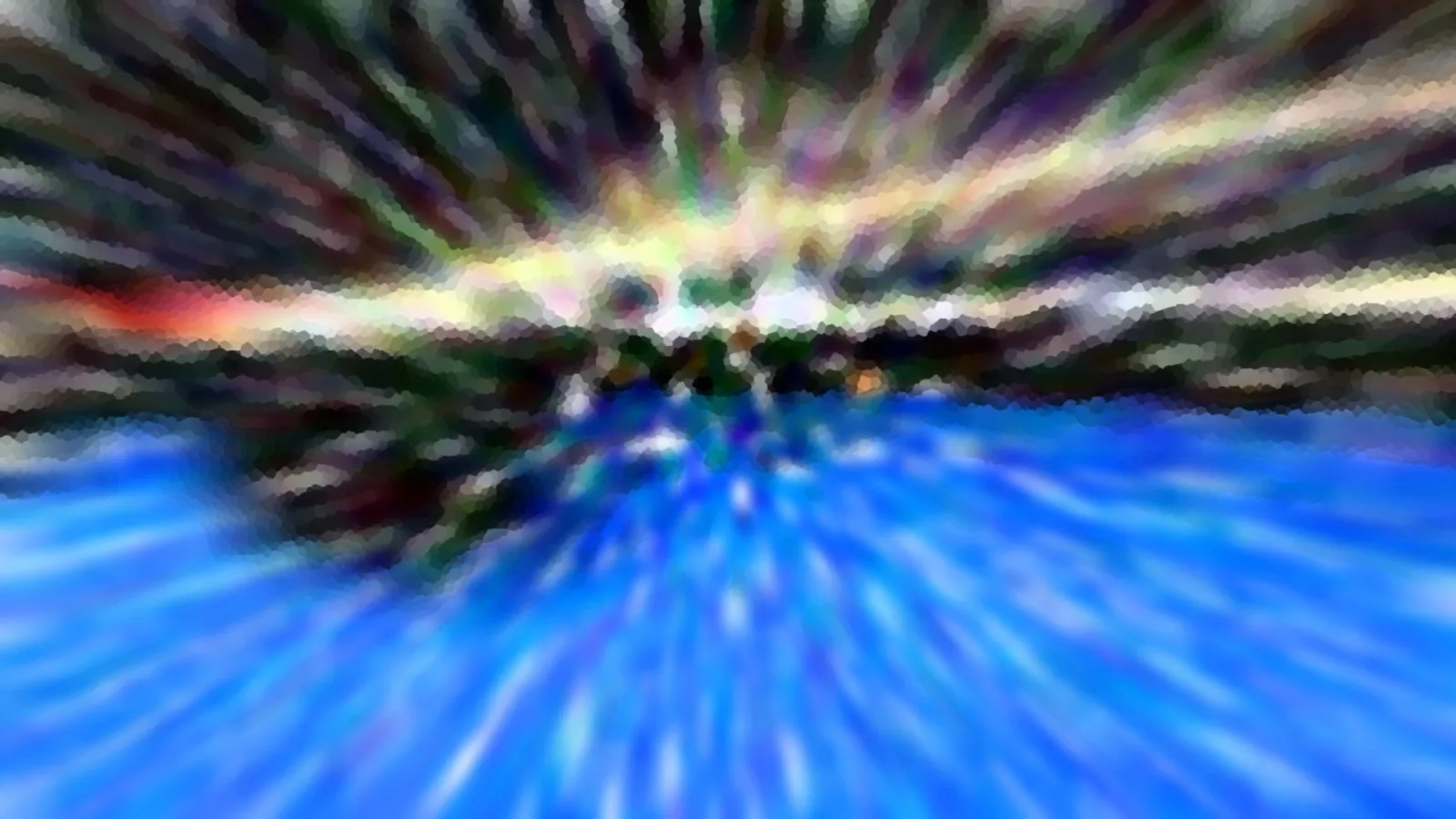 Abstrakte Komposition mit radialen Lichtstrahlen, die von der Mitte nach außen laufen. Oben dominieren Gelb, Grün und Violett, unten ein leuchtendes Blau mit weißen Schlieren.