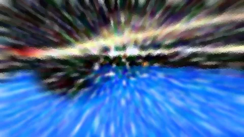 Abstrakte Komposition mit radialen Lichtstrahlen, die von der Mitte nach außen laufen. Oben dominieren Gelb, Grün und Violett, unten ein leuchtendes Blau mit weißen Schlieren.