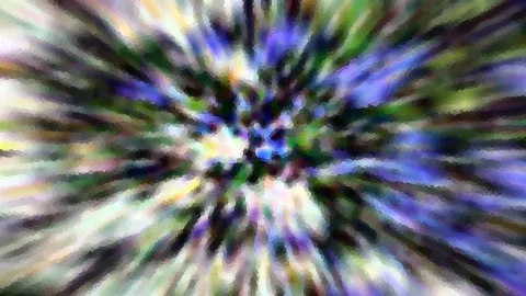 Abstrakte Komposition aus blauen, grünen, gelben und violetten Streifen, die von der Mitte nach außen strahlen, mosaikartig pixeliert.