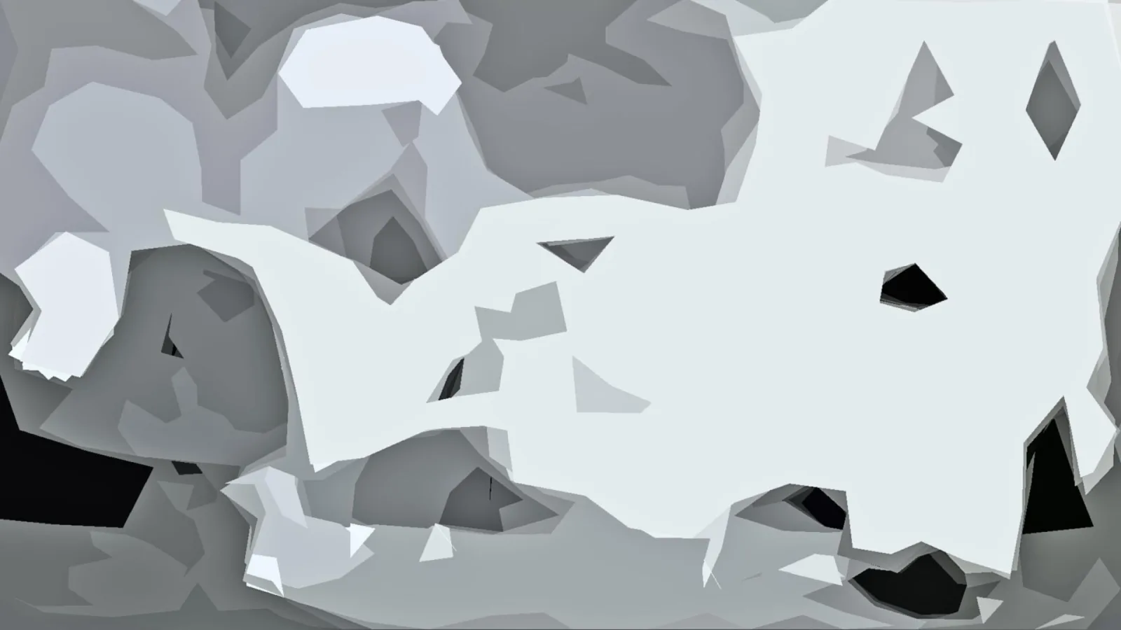 Abstrakte Komposition aus grauen und weißen polygonalen Flächen mit einzelnen schwarzen Akzenten.