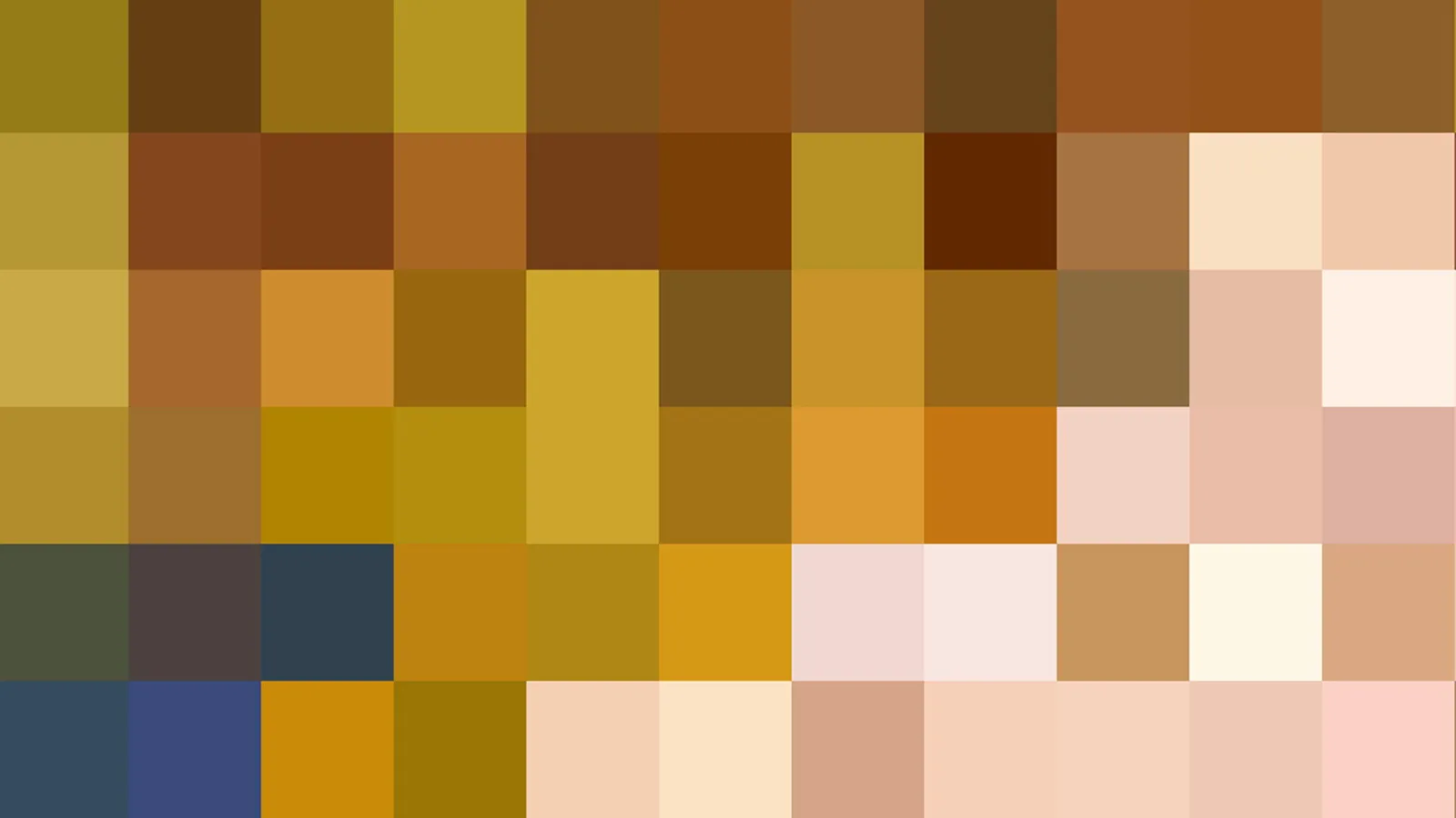 Abstraktes Raster aus quadratischen Pixelfeldern in Ocker, Braun, Beige, Hautfarben und einzelnen Blautönen