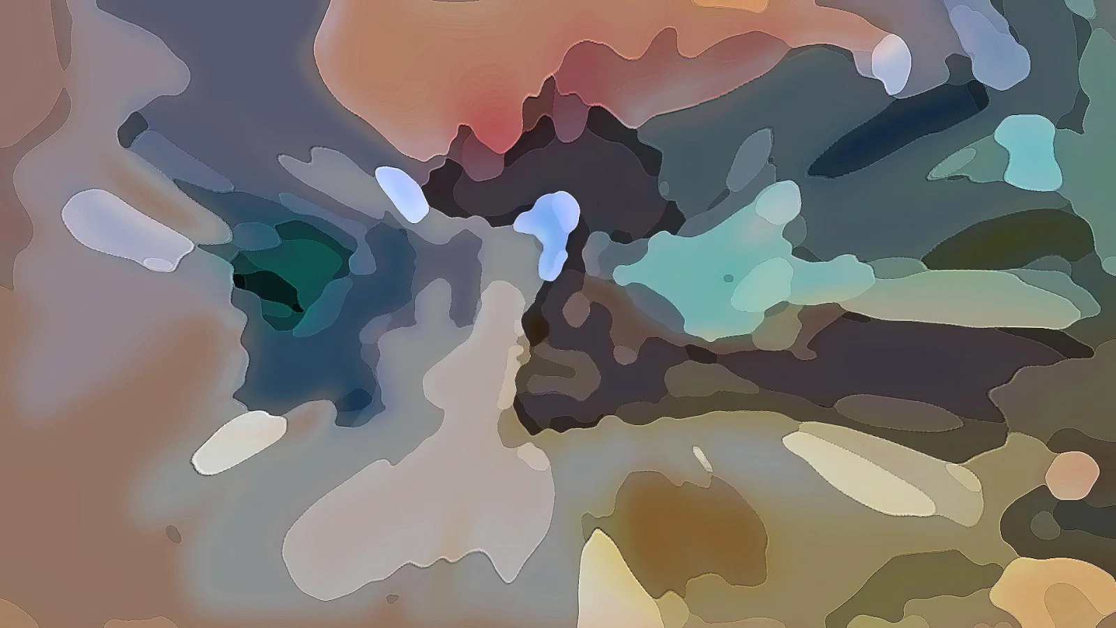 Abstraktes Bild aus weichen, unregelmäßigen Farbflächen in Braun, Grau, Petrol und Hellblau, im Zentrum ein dunkler grüner Fleck.