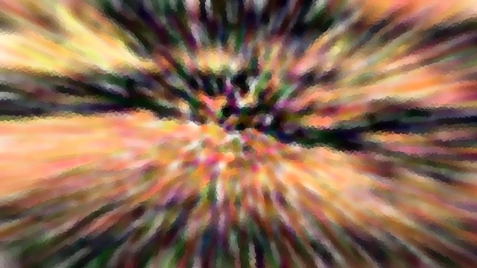 Abstraktes Bild mit radial von der Mitte ausgehenden Streifen in Orange, Grün, Violett und Rosa, mosaikartig pixelig.