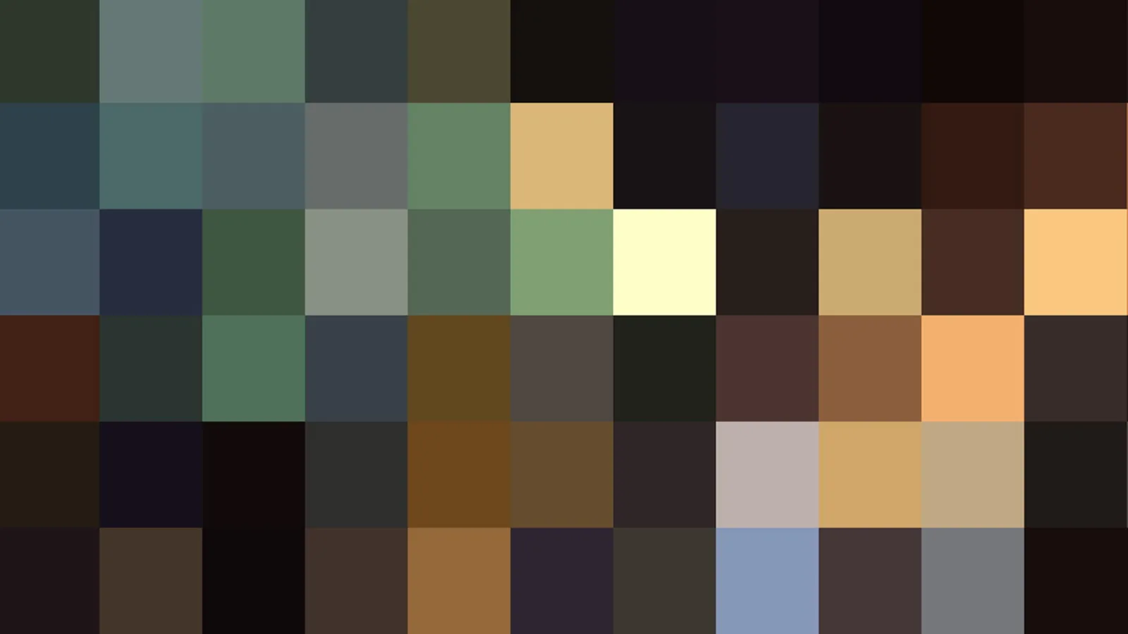 Mosaik aus kleinen, grob aufgelösten Farbquadraten in Grün, Braun, Ocker, Dunkelblau und Creme.