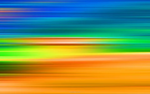 Abstrakte Komposition aus horizontalen Streifen in Blau, Grün, Gelb und Orange, die wie eine seitlich verwischte Aufnahme wirkt.