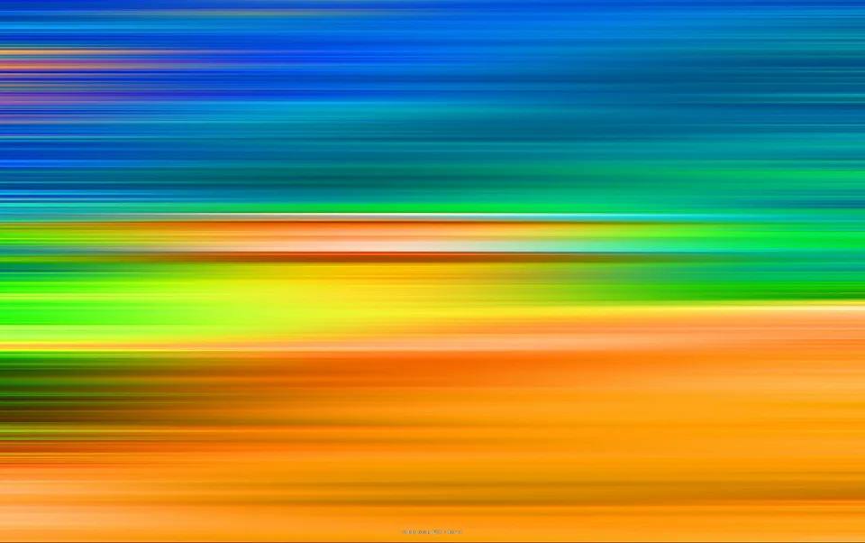Abstrakte Komposition aus horizontalen Streifen in Blau, Grün, Gelb und Orange, die wie eine seitlich verwischte Aufnahme wirkt.
