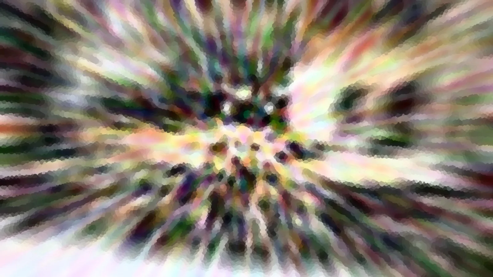 Abstraktes Bild mit bunten Farbstrahlen, die von einem hellen Zentrum radial nach außen laufen, mit mosaikartig verpixelten Kanten.