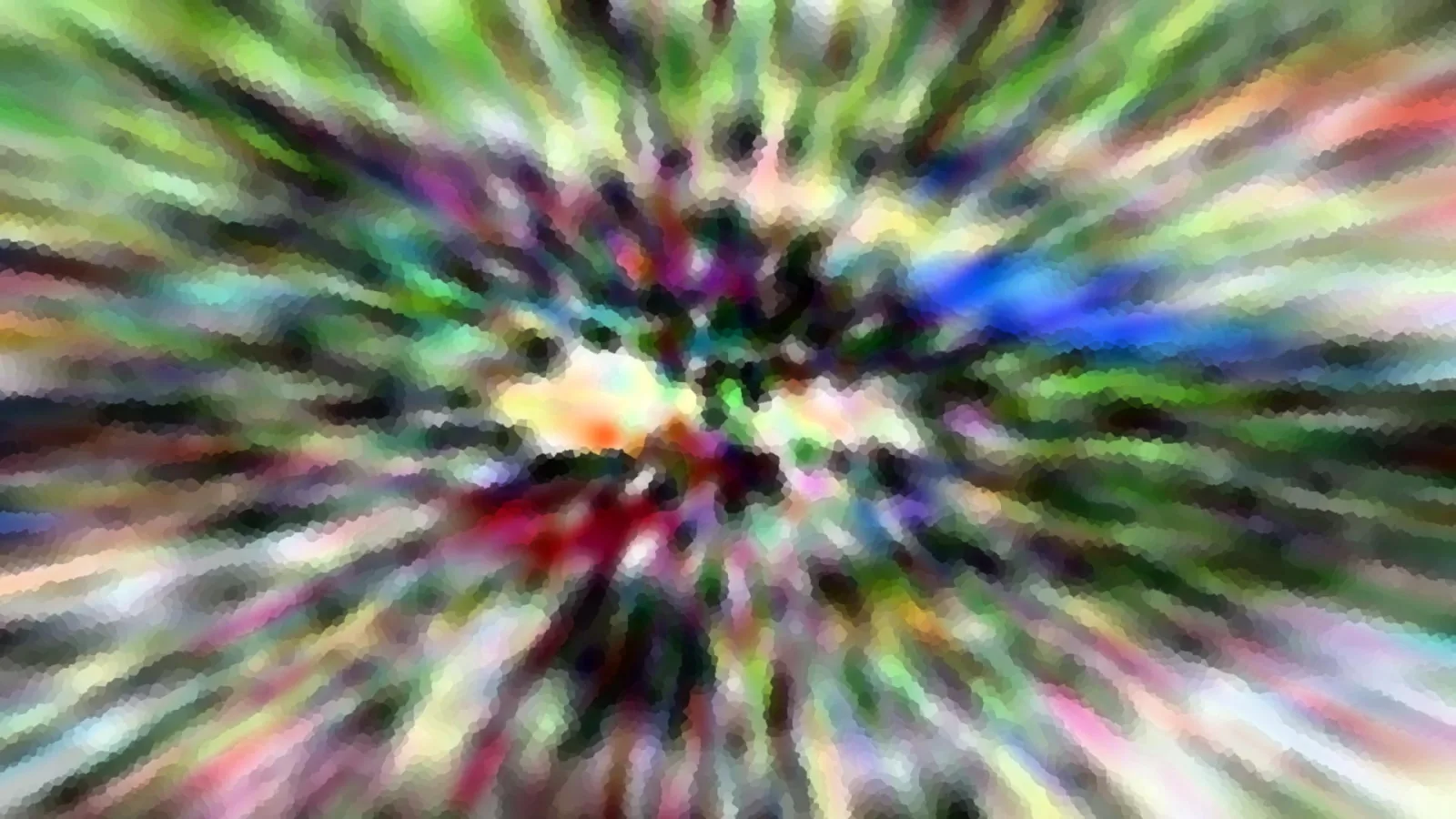 Abstrakte Komposition aus bunten Farbstrahlen, die von einem dunklen Zentrum nach außen laufen, grün, blau, rot und orange, mit grobem Mosaikraster.