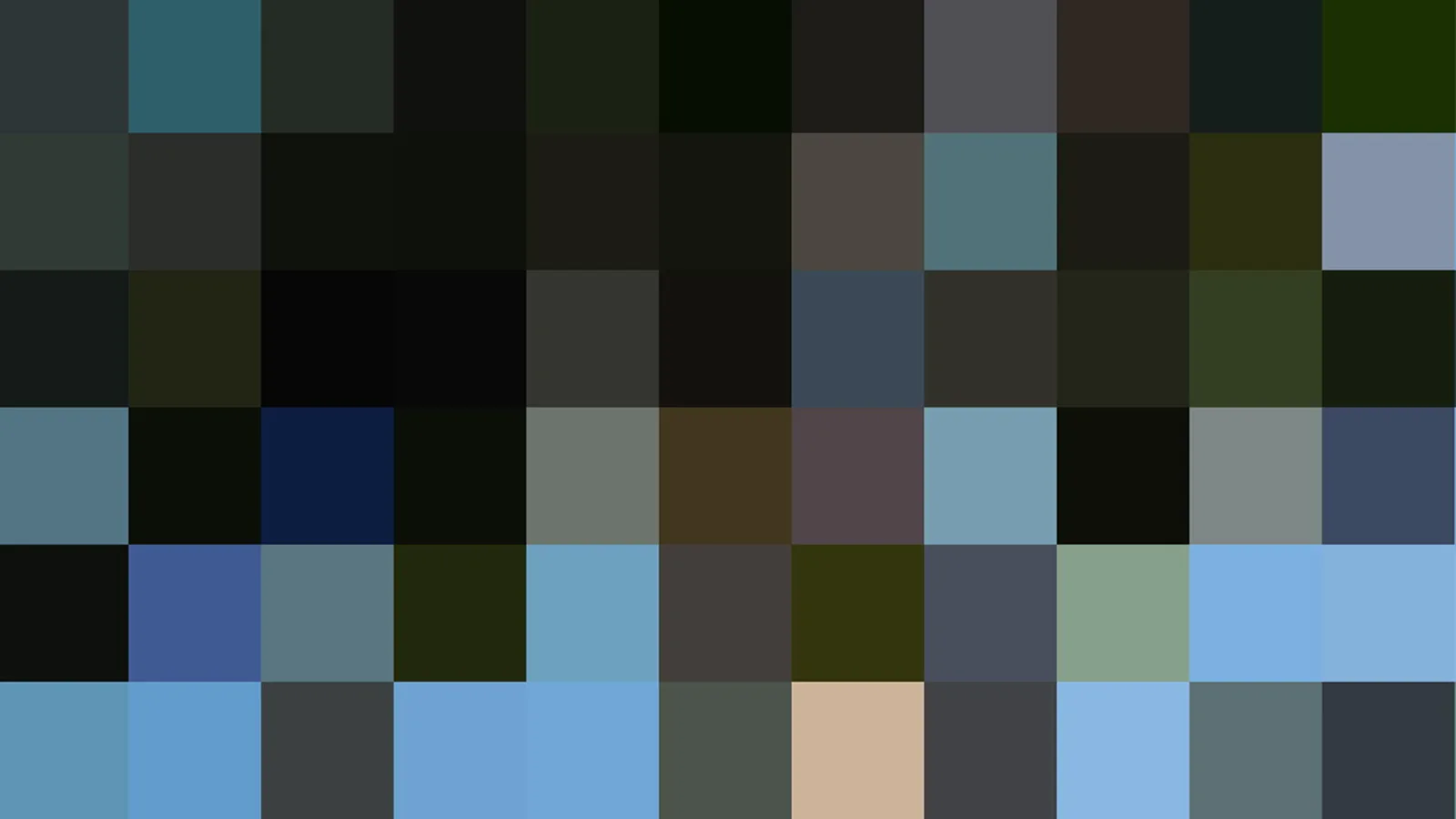 Rasterartiges Muster aus quadratischen Farbfeldern in Blau-, Grün-, Schwarz- und Beigetönen, dunkel im oberen Bereich und heller in den unteren Reihen.