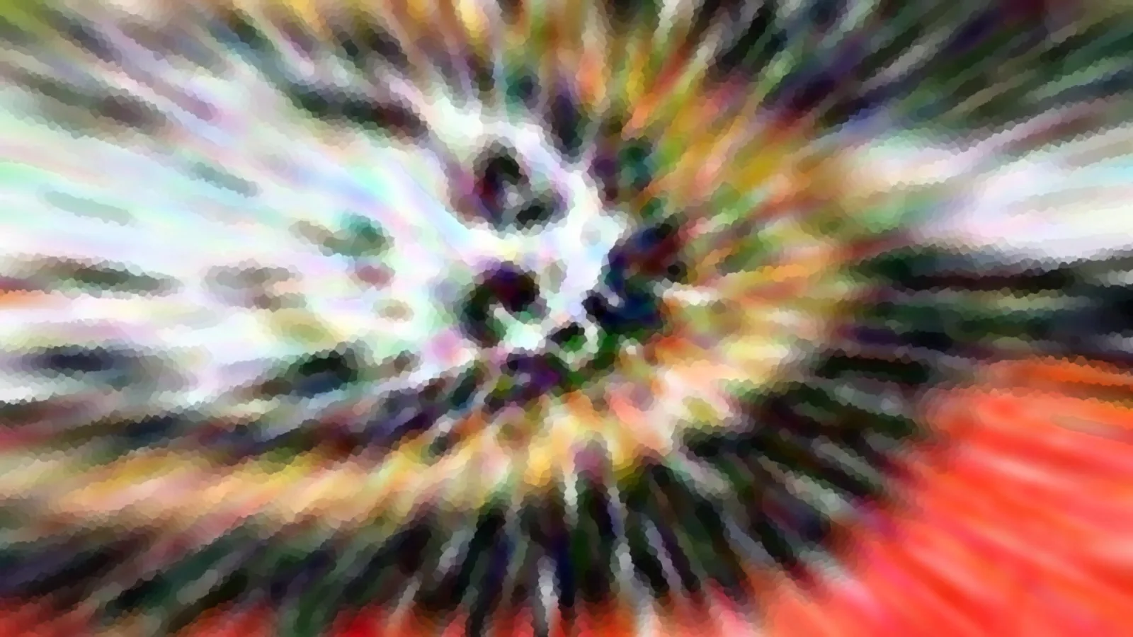 Abstrakte Komposition mit radial von einem dunklen Zentrum ausstrahlenden Streifen in Grün, Weiß, Gelb, Violett und Rot, mosaikartig pixelig.