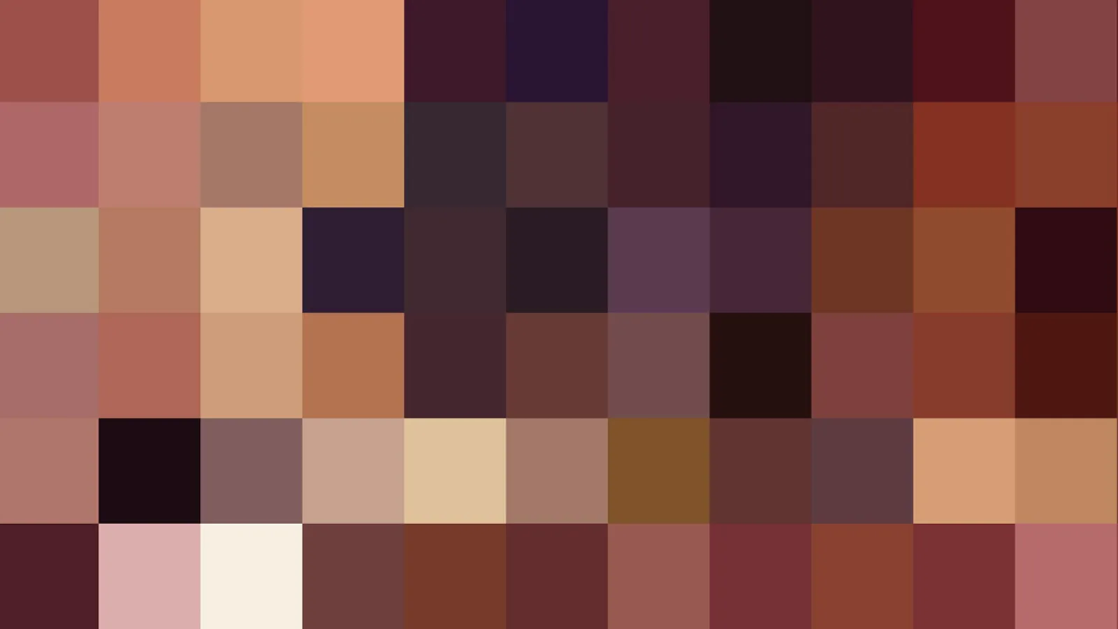 Mosaik aus quadratischen Pixelblöcken in Rot-, Braun-, Orange- und Violetttönen, dicht angeordnet in sechs Reihen.