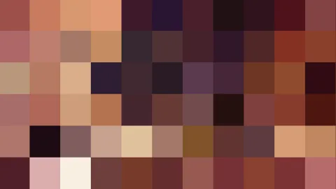 Mosaik aus quadratischen Pixelblöcken in Rot-, Braun-, Orange- und Violetttönen, dicht angeordnet in sechs Reihen.