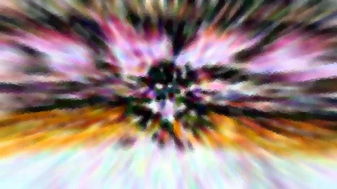 Abstraktes Bild mit bunten Streifen in Pink, Violett, Orange und Weiß, die radial von einem dunklen Zentrum ausgehen.