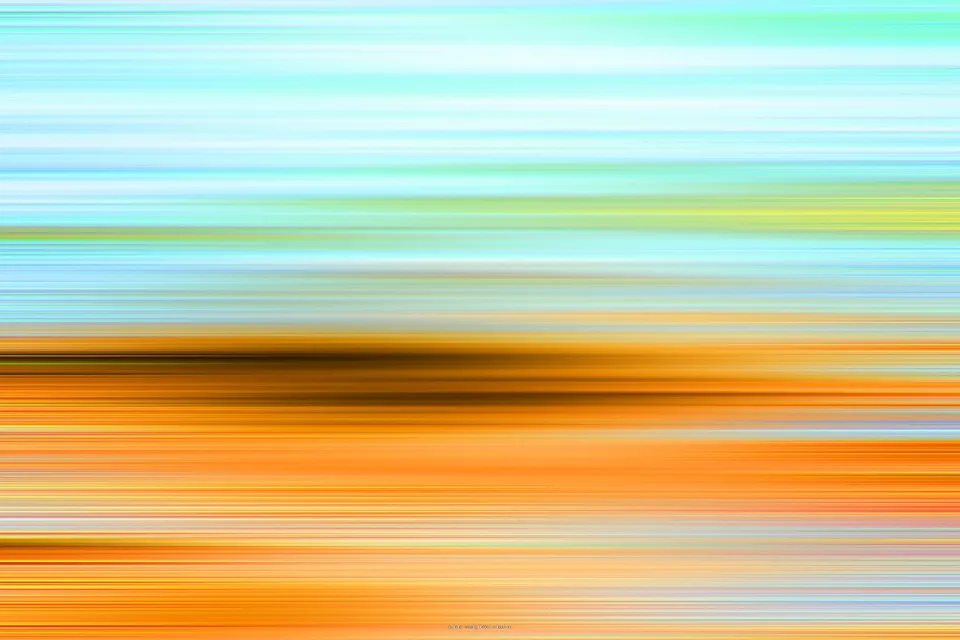 Abstraktes Bild aus waagerechten, verwischten Streifen in Türkis, Mint, Gelb und Orange, in der Mitte ein dunkler brauner Streifen.