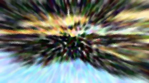 Abstraktes Bild mit radialem Zoom-Effekt: bunte Streifen in Grün, Gelb und Violett laufen von einem dunklen Zentrum nach außen, unten erscheint helles Hellblau, alles mosaikartig gepixelt.