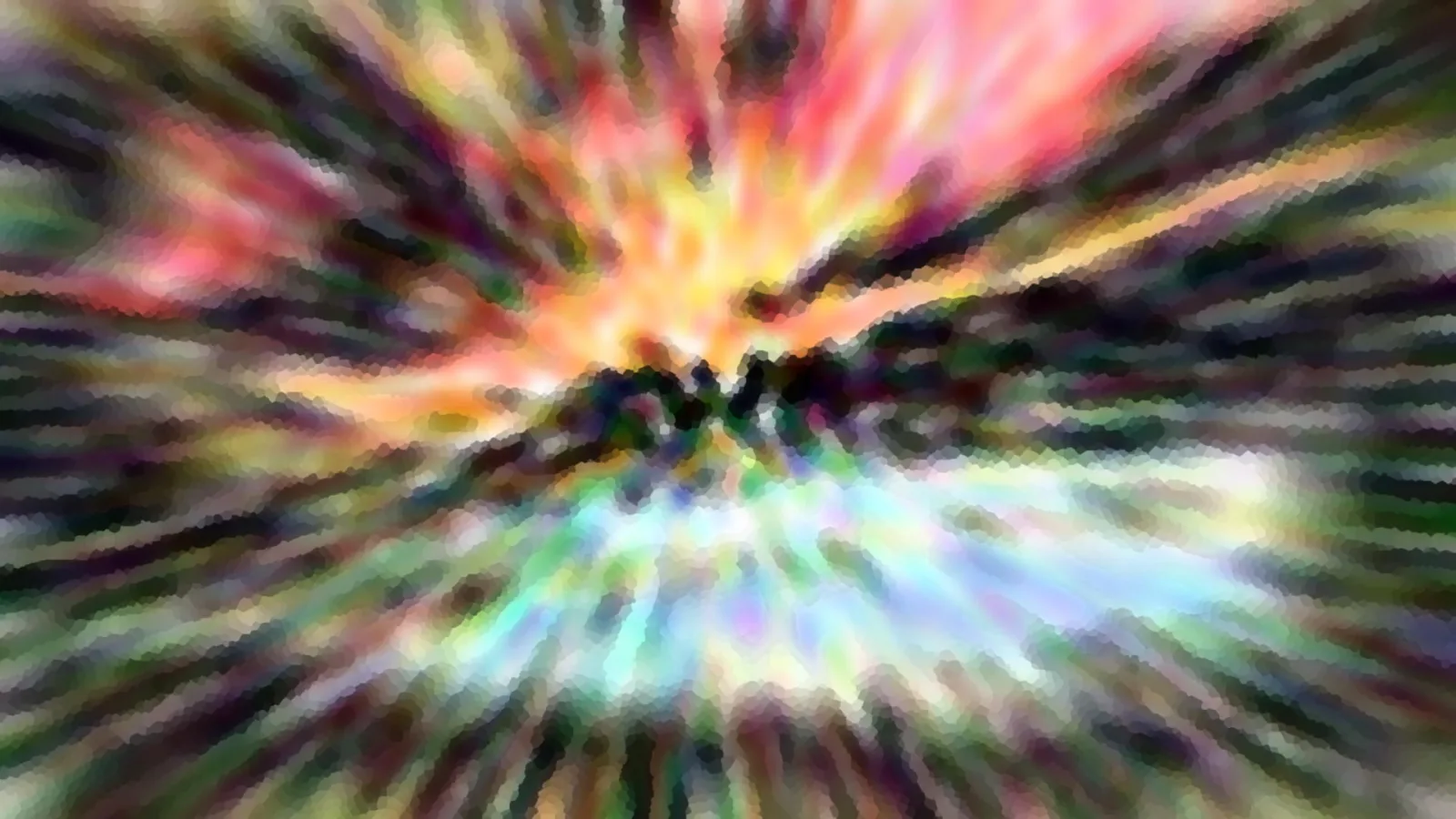 Abstraktes Bild mit radialem Farbausbruch: Von einem dunklen Zentrum strahlen Streifen in Rosa, Orange, Gelb, Grün und Blau nach außen, die Kanten sind körnig verwischt.