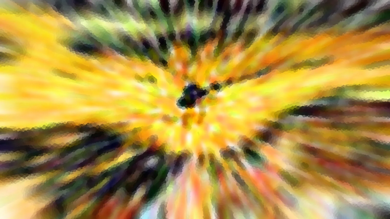 Abstraktes Bild mit radialen Schlieren in Gelb, Orange und Grün, die von einem dunklen Punkt in der Bildmitte nach außen laufen. Die Kanten wirken grob gepixelt.