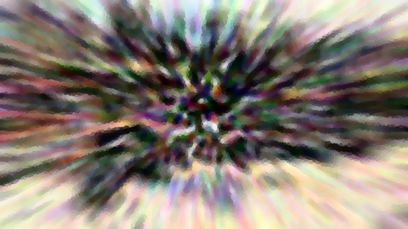 Abstraktes Bild mit einem dunklen Zentrum, von dem aus bunte, verwischte Streifen in alle Richtungen strahlen. Die Farben reichen von Grün und Violett bis Rosa und Gelb.