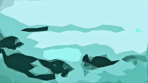 Abstrakte Komposition aus türkisfarbenen, kantigen Flächen mit dunklen Schattenformen unten und einer hellen Fläche oben.