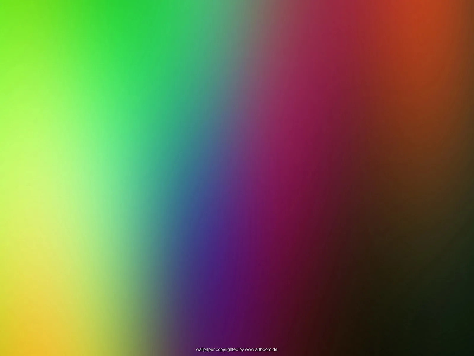Weich verlaufende Farbflächen von Gelbgrün links über Grün und Blau bis Violett, Magenta und Orange rechts, unten rechts fast schwarz.