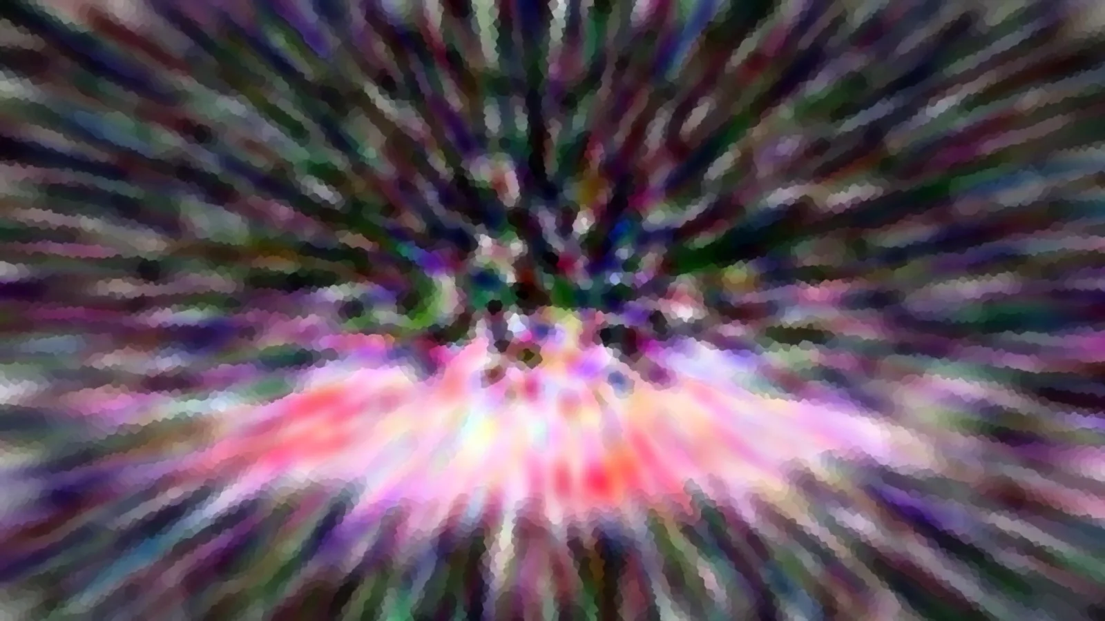 Abstraktes Bild mit radial von einem Zentrum ausgehenden, bunten Streifen in Pink, Rot, Grün und Violett, die im unteren Bereich am hellsten leuchten.
