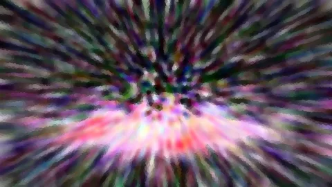 Abstraktes Bild mit radial von einem Zentrum ausgehenden, bunten Streifen in Pink, Rot, Grün und Violett, die im unteren Bereich am hellsten leuchten.