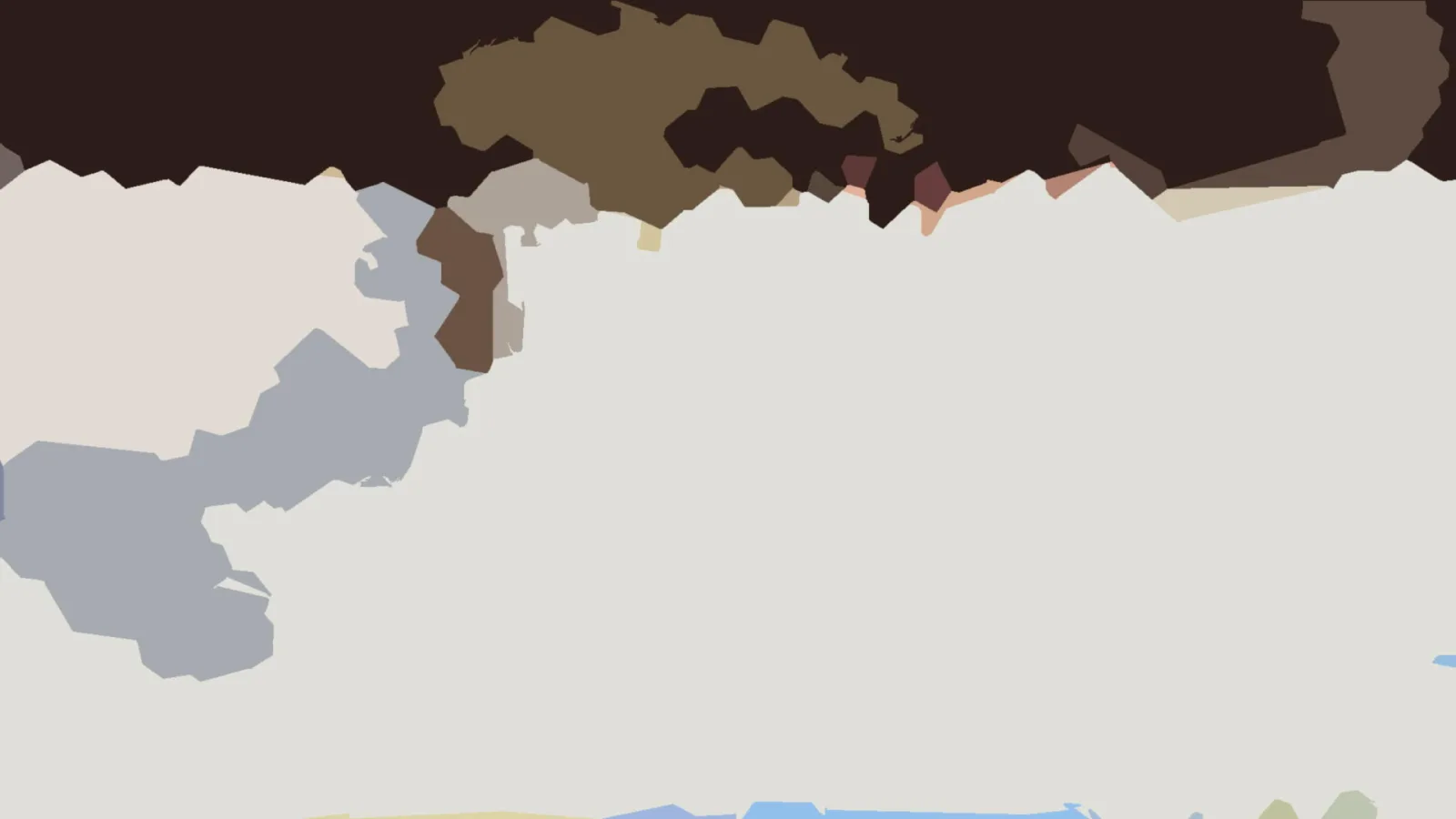 Abstrakte Komposition aus flachen, unregelmäßig geformten Farbflächen in Dunkelbraun, Olivbraun, Grau und Beige, dazu ein heller Bereich in der Bildmitte und ein kleiner blauer Streifen am unteren Rand.
