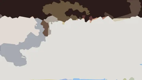 Abstrakte Komposition aus flachen, unregelmäßig geformten Farbflächen in Dunkelbraun, Olivbraun, Grau und Beige, dazu ein heller Bereich in der Bildmitte und ein kleiner blauer Streifen am unteren Rand.