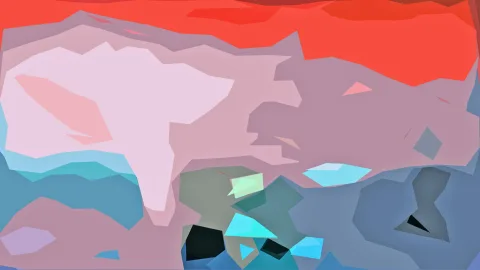 Abstrakte Komposition aus flachen, unregelmäßigen Farbflächen in Rot, Rosa, Hellblau und Dunkelblau mit schwarzen Akzenten im unteren Bereich.