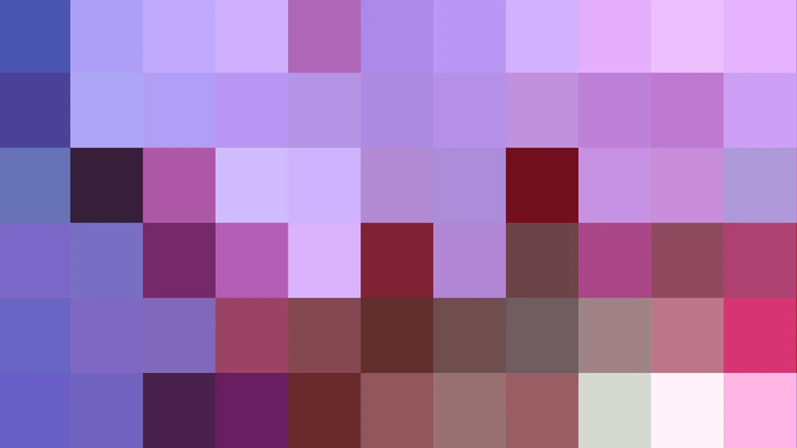 Pixeliges Mosaik aus rechteckigen Farbblöcken in Lila, Blau, Rosa, Dunkelrot und Weiß.