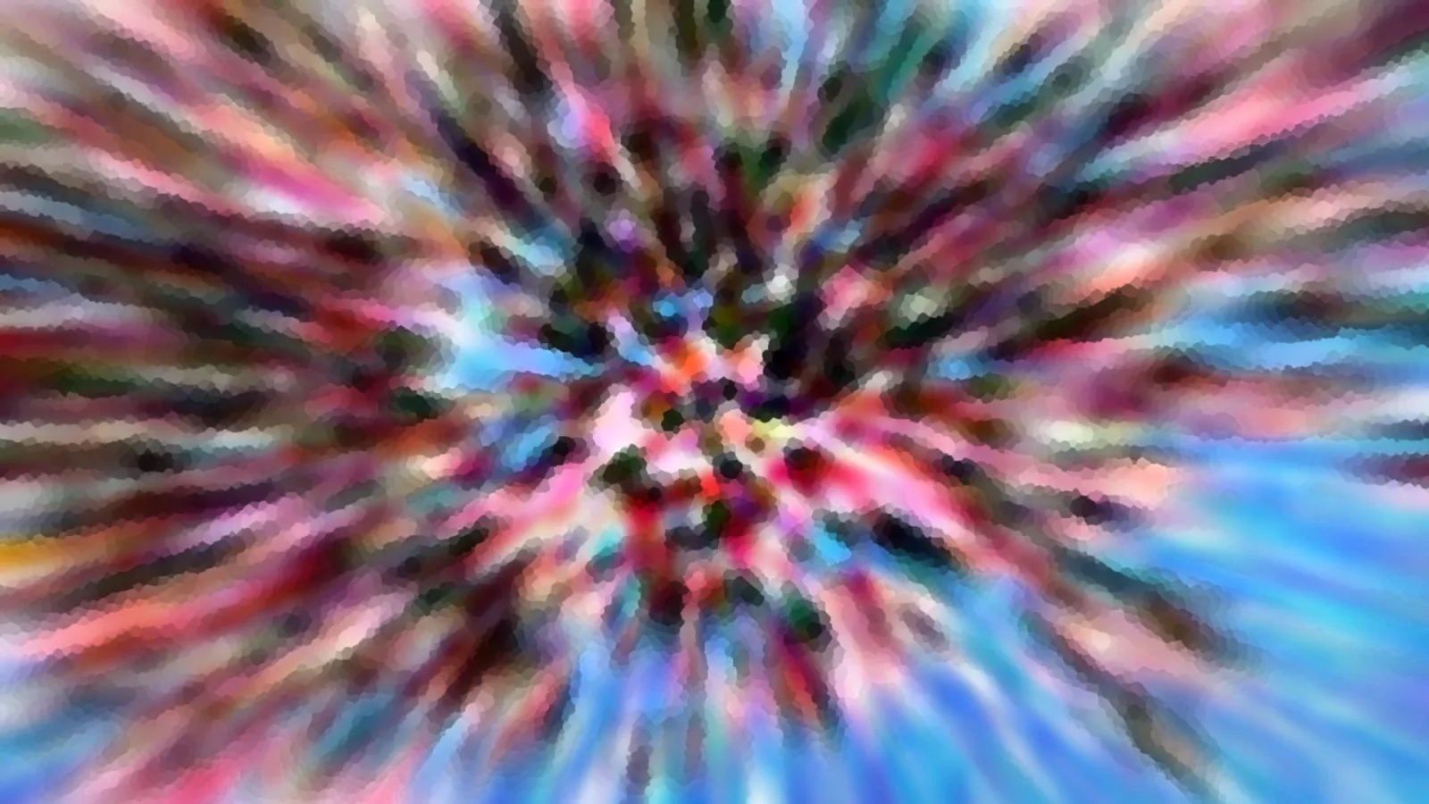 Abstrakte Komposition aus bunten Farbstreifen, die von einem dunklen Zentrum radial nach außen strahlen, in Pink, Blau und Grün.
