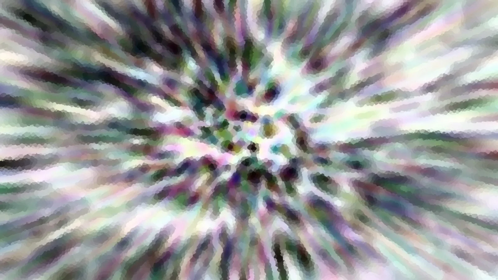 Abstrakte Komposition aus radial von der Mitte nach außen laufenden Farbschlieren in Pastelltönen mit Pixelmosaik