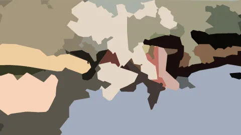 Abstrakte Komposition aus unregelmäßigen flachen Flächen in Beige, Braun, Rosa, Schwarz und Blaugrau.