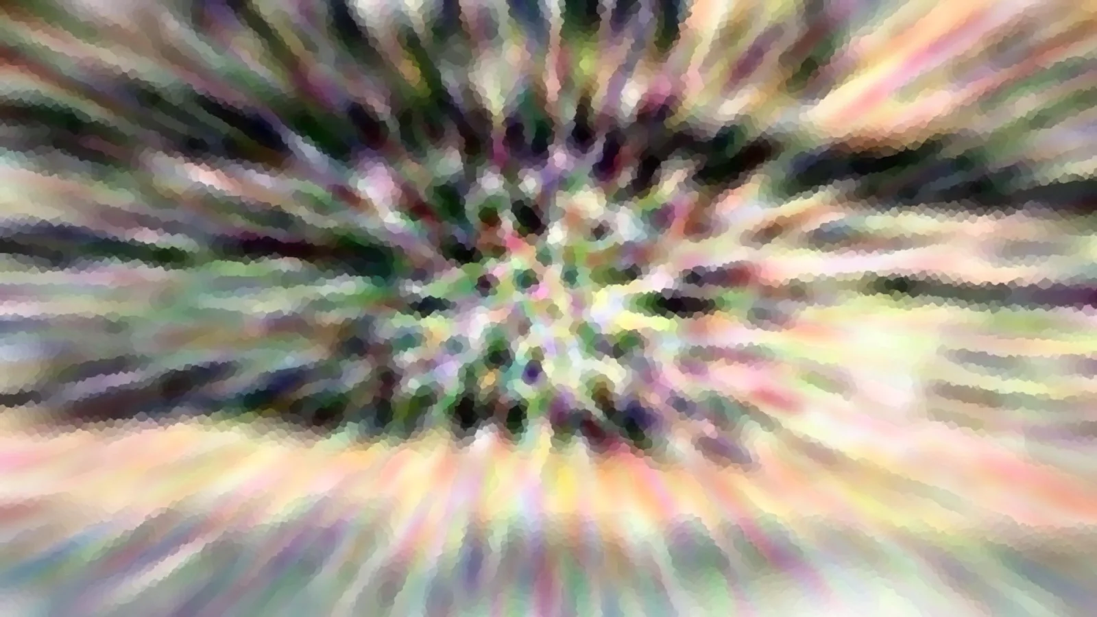 Abstrakte Komposition mit bunten, radial von der Mitte ausstrahlenden Schlieren in Grün, Rosa, Gelb und Violett, im Zentrum zu einem punktartigen Mosaik verdichtet.