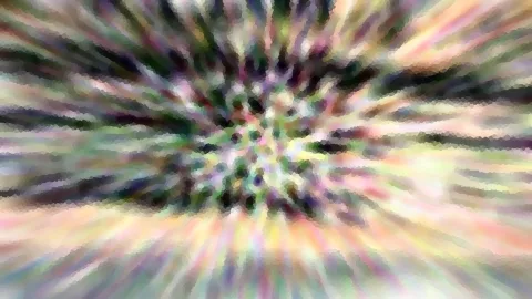 Abstrakte Komposition mit bunten, radial von der Mitte ausstrahlenden Schlieren in Grün, Rosa, Gelb und Violett, im Zentrum zu einem punktartigen Mosaik verdichtet.