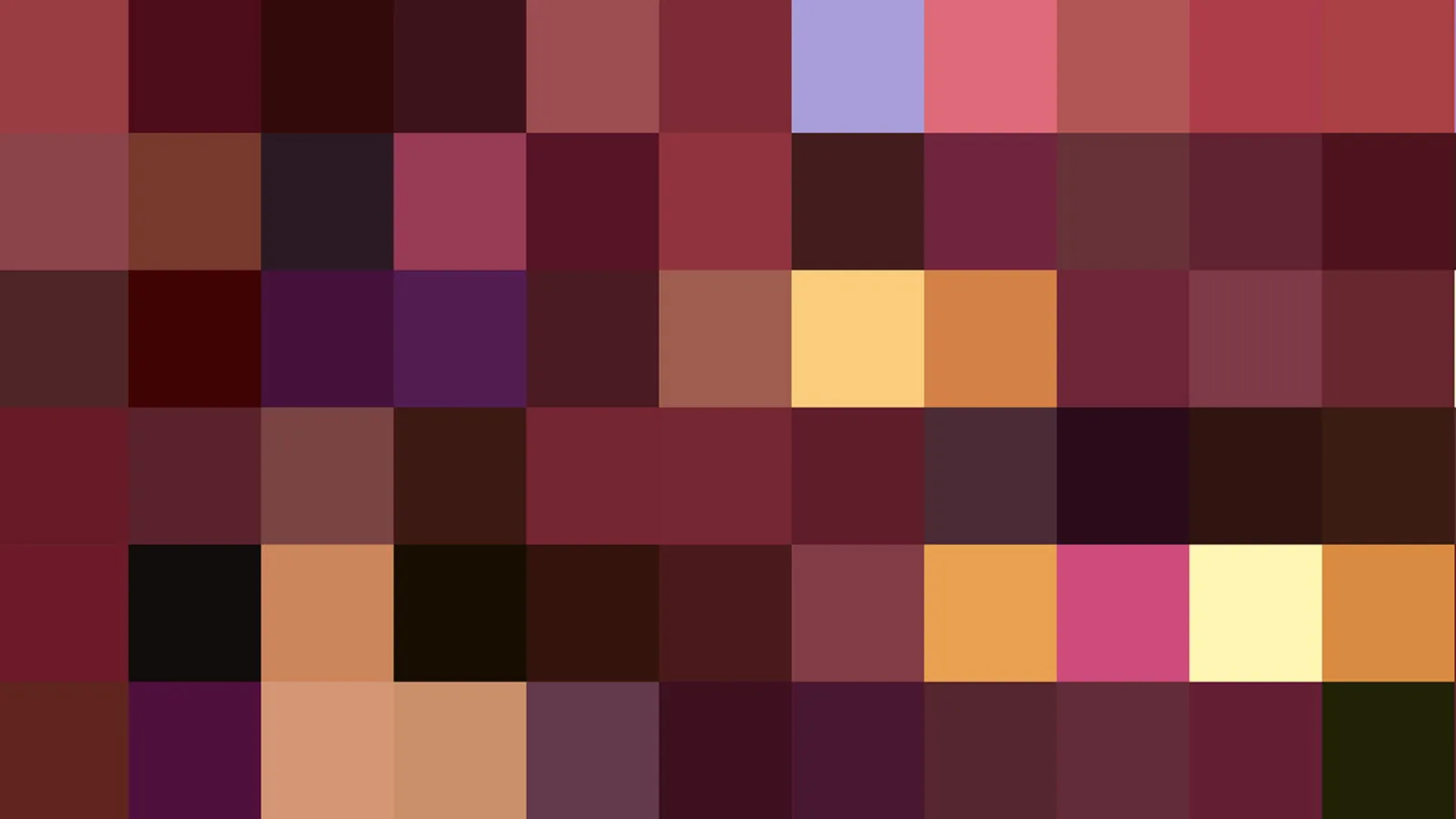 Abstrakte Komposition aus quadratischen Farbfeldern in Rot, Violett, Bordeaux, Orange und Gelb, in einem Raster angeordnet.