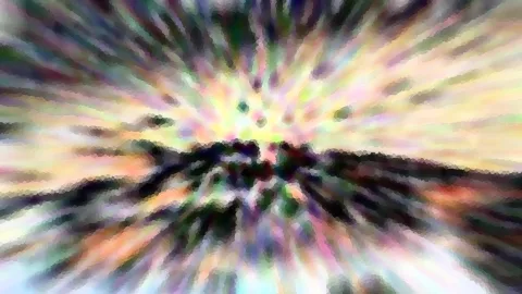 Abstrakte Komposition mit radialer Unschärfe in Pastellfarben, im Zentrum eine dunkle Hügelkette am Horizont.