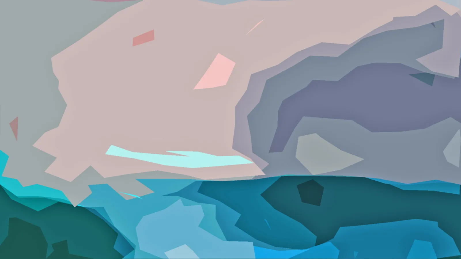 Abstrakte Komposition aus facettenartigen Flächen in Rosa, Grau, Hellblau und Türkis, unten dunkle Blau- und Grüntöne, oben helle Partien.