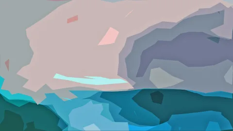 Abstrakte Komposition aus facettenartigen Flächen in Rosa, Grau, Hellblau und Türkis, unten dunkle Blau- und Grüntöne, oben helle Partien.