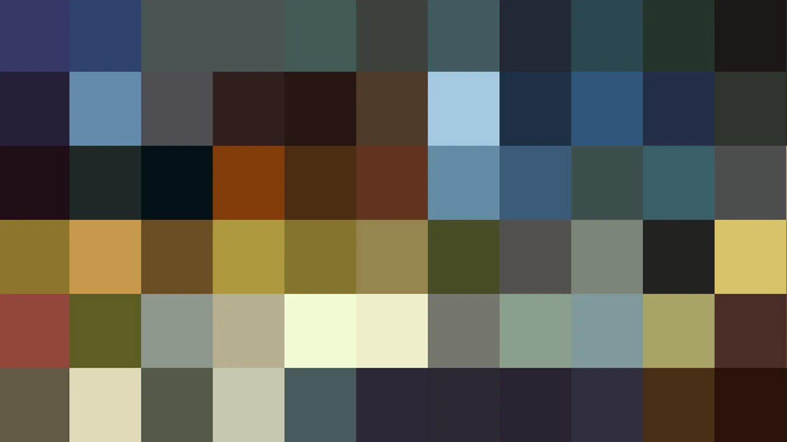 Mosaik aus quadratischen Farbblöcken in Blau, Grün, Ocker, Braun, Schwarz und Hellgelb, in Reihen angeordnet.