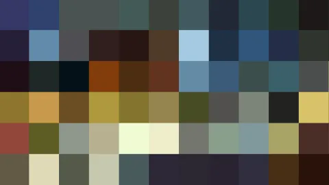 Mosaik aus quadratischen Farbblöcken in Blau, Grün, Ocker, Braun, Schwarz und Hellgelb, in Reihen angeordnet.