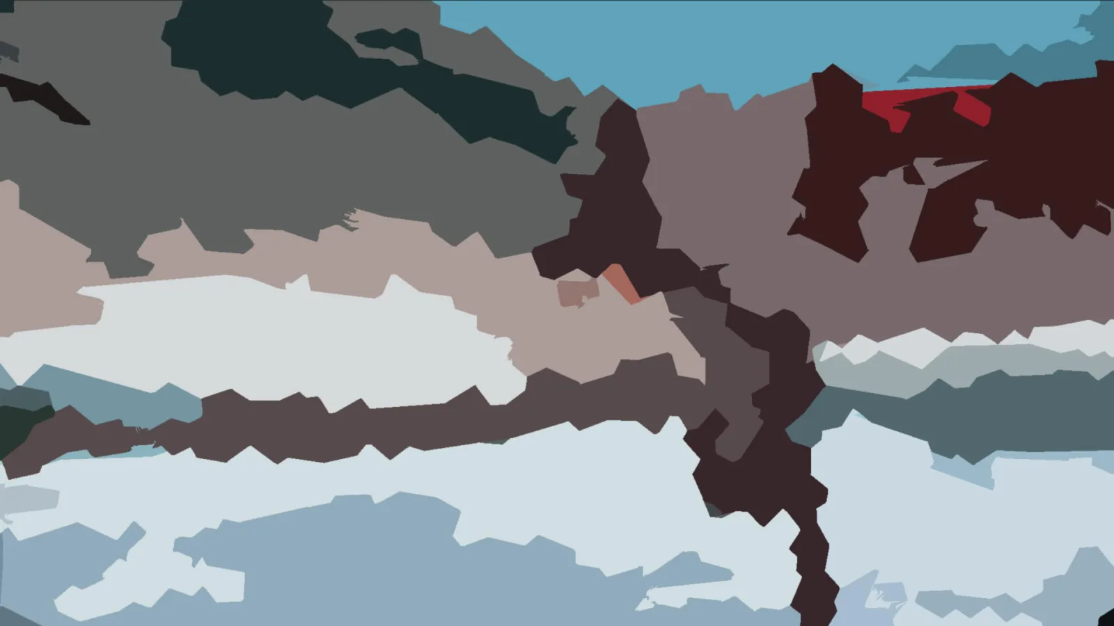 Abstrakte Komposition aus flachen, unregelmäßigen Farbflächen in Braun, Grau, Blau und einem roten Akzent.