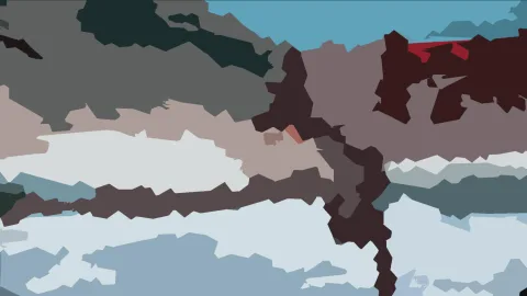 Abstrakte Komposition aus flachen, unregelmäßigen Farbflächen in Braun, Grau, Blau und einem roten Akzent.