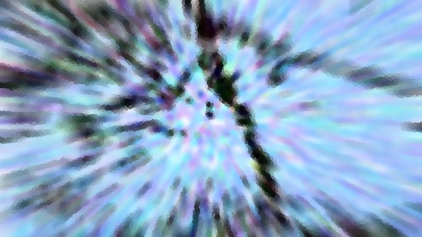 Abstrakte Komposition mit radial von der Mitte ausgehenden Streifen in Blau, Violett und Schwarz.